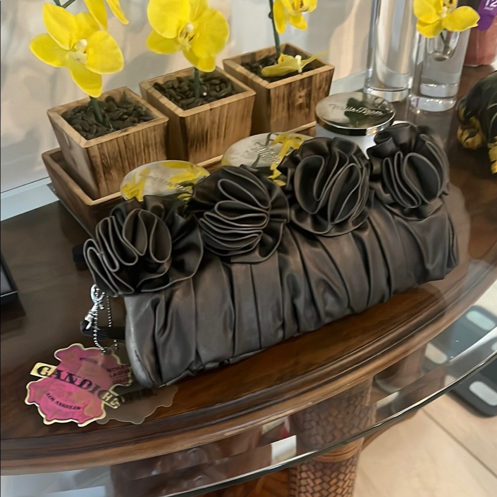 Candice Elegant Black Satin Clutch with Floral Accents